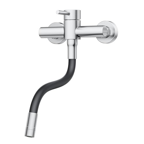 HURRAN Grifo Cocina Pared, Grifo Cocina con Manguera de Silicona con Giro de 360°, Grifo Mezclador Monomando de Acero Inoxidable, Níquel Cepillado