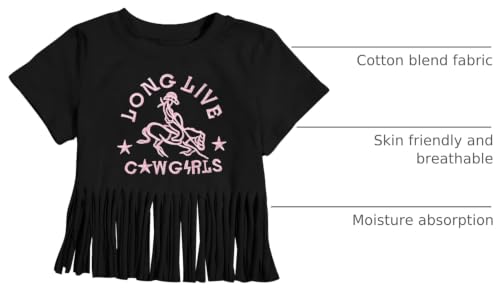 Image of Girls Western Shirt Cowgirls Embroidered Country Concert T Shirt Graphic Horseback Rider Tassel Fringe Tee Tops