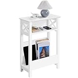 Yaheetech Small Side Table with Storage Shelf, 3-Tier Slim X Shaped End Table with Magazine Rack, Living Room Home Office Balcony Small Spaces, Effortless Assembly, White