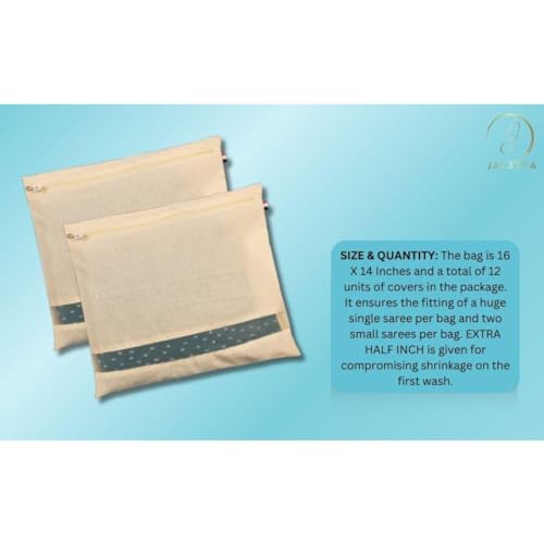 Image of Pack Of 12 Cotton Saree Bags /Covers For Storage /Saree Cover With Zip /Reuseable /Washable Wardrobe Organizer With Transparent Window For Clothes (16 X 14 Inches) 12, Beige