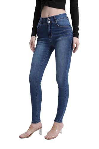 Women's High Waisted Skinny Jeans Stretch Blue Wash Denim, Double Button Closure, Tummy Control