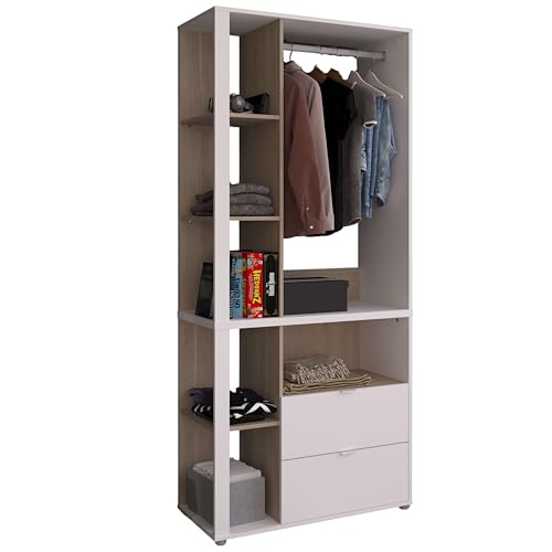 Miroytengo Armadio spogliatoio boreale camera da letto stile nordico in bianco e rovere giapponese con 2 cassetti e 4 ripiani 92x206 cm