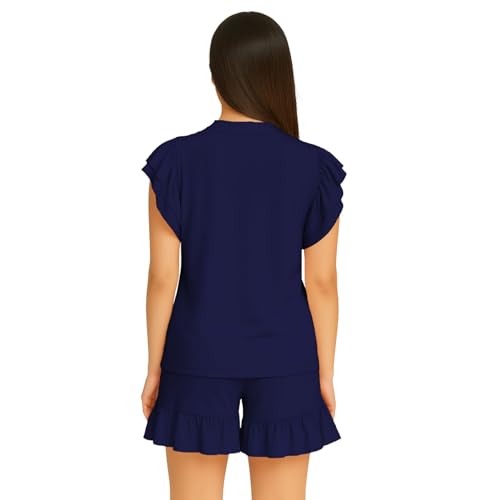 Ensemble 2 pièces col rond uni bleu marine taille 48 avec hauts à volants amples - 3