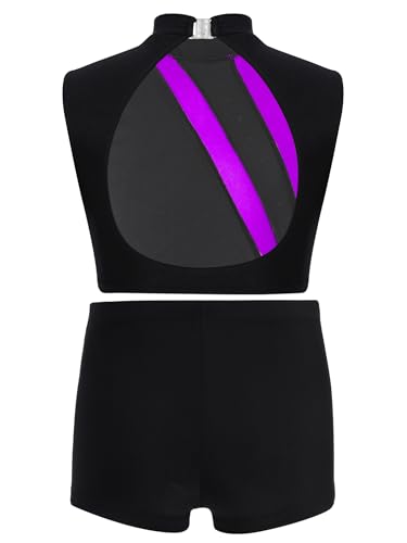 Kids Girls Gymnastics Outfit Set Glitter Metallic Crop Top with Shorts for Dance Stage Performances Purple 10 Years4