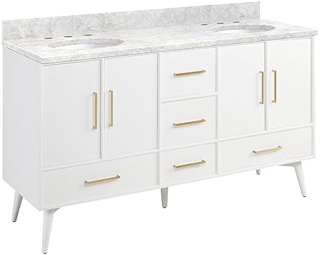 Signature Hardware 953912-60-UM-8 Novak 60" Freestanding Mahogany Double Basin Vanity Set with Cabinet, Vanity Top, and Oval Undermount Sinks - 8" Faucet Holes - Bright White/Carrara Marble