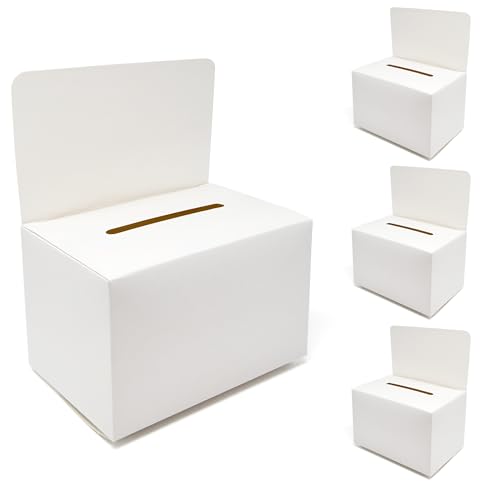 Gift Boutique 4 Pack White Cardboard Ballot Box with Slot and Removable Header for Valentines Day Card Exchange Voting Raffle Fundraising