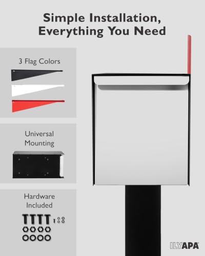 Image of Ilyapa Modern Mailbox for Post Mount - Black with White Door Powder Coated Steel, Waterproof Letter Box for Parcels, with Recessed Magnetic Close Door