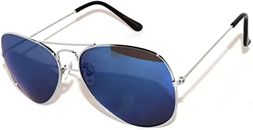 Classic Aviator Sunglasses Blue Lens Metal Silver Color Frame Full Mirror Lens