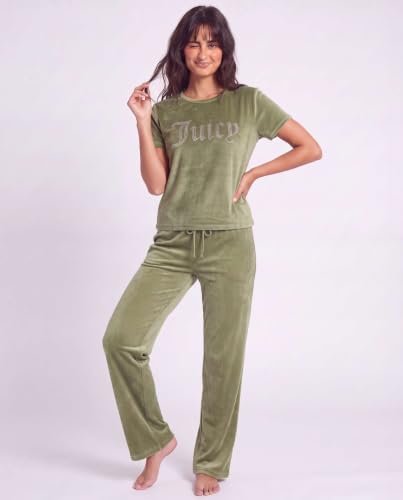 Image of Juicy Couture Women's 2 Piece Velvet Fleece Short Sleeve Shirt and Pants Lounge Sleepwear Set