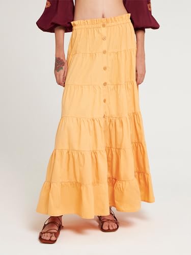 Women Summer Tiered Button Maxi Skirt Elastic High Waist A Line Boho Beach Dress Flowy Swing Long Skirts2