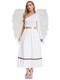 Eandarui Disfraz de alas de ángel para mujer, vestido blanco, elegante, vestido largo de un hombro, vestido de baile con plumas, alas de ángel, fiesta temática, cosplay, color blanco, XXL