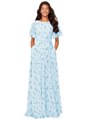 Image of petyoo Chiffon Flutter Sleeve Bridesmaid Dresses with Pockets Sash Long A Line Formal Dress