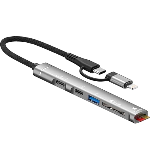 Adaptador dual Lightning y USB C multipuerto con 2 USB C, 1 USB 3.0, 2 puertos de lector de tarjetas SD/TF, compatible con iPhone/iPad, puerto tipo C, laptop, mouse, teclado, U Stick, disco duro móvil