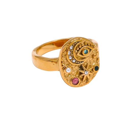 LUVA Moon Star Evil Eye Ring, 18K Gold Plated Stainless Steel Ring, Celestial Gemstone Ring For Women, Statement Ring, Waterproof, Anti Tarnish, Mystic Jewelry