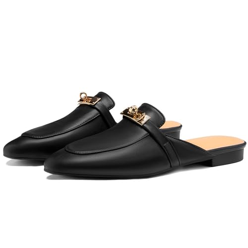 Image of Design Mules for Women, Almond Toe Slip-On Flats, Backless Loafers with Matal Buckle, Comfort Casual & Dressy Shoes