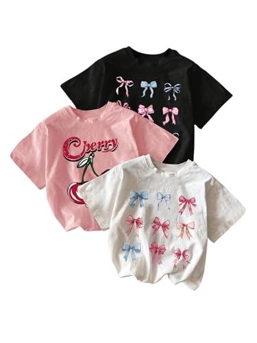 Image of SHENHE Girl's 3 Pack Cute Graphic Tees Cherry Bow Print Aesthetic Short Sleeve Shirt Tops