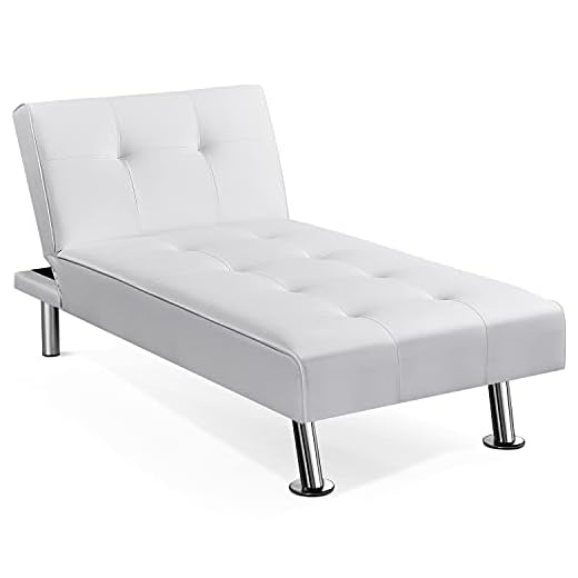 Yaheetech Faux Leather Chaise Lounge Indoor Convertible Chaise Futon Tufted Chaise Daybed with Chrome Metal Legs Converts to Recliner/Bed White