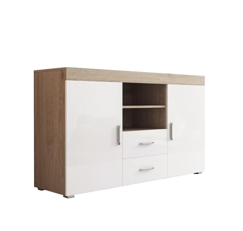 MB Muebles Bonitos, Aparador Roque para Salón Comedor Moderno, Mueble TV de Melamina, Color Sonoma Mate y Blanco Brillo, 140x80x40 cm