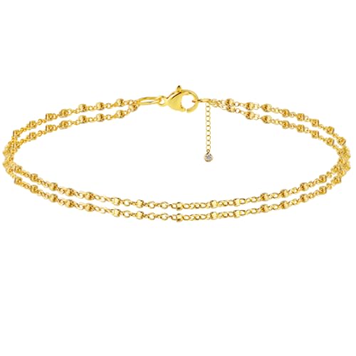 MFRYK Gold Ankle Bracelets for women,14K Gold Anklets For Women Waterproof Lightweight Double Gold Dot Chain Anklets Set Layered Anklet Bracelets For Women Trendy Gold Jewelry Gift for Women