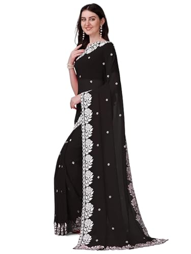 Estationeryhouse Sari de créateur en georgette brodée avec chemisier pour femme (Black)