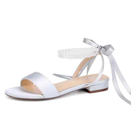 Image of Satin Wedding Flats for Bride Pearl Sandals Open Toe Bridal Shoes Flat Wedding Shoes for Bride
