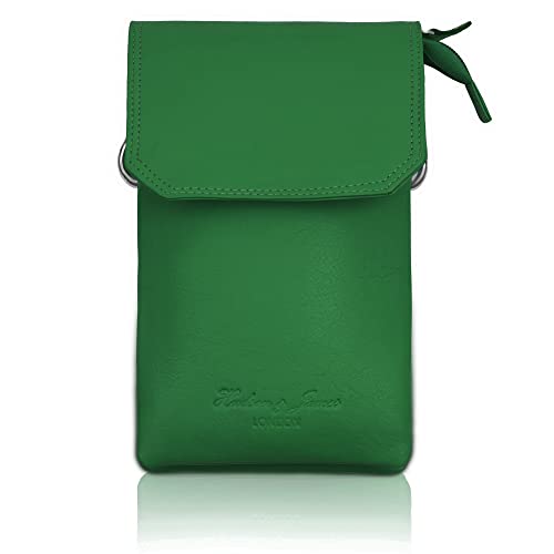 Camera per 4 Carte di Credito Hudson & James Borsa per telefono in vera pelle, borsa per telefono in vera pelle, piccola borsa a tracolla da donna con tracolla regolabile staccabile, Verde, Small
