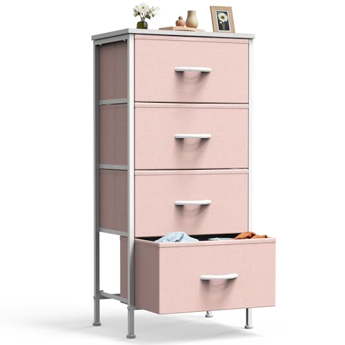 DUMOS Nightstand with 4 Drawers Bedside Table with Removable Fabric Bins Sturdy Steel Frame Wood Top Organizer Furniture for Bedroom Closet Living...