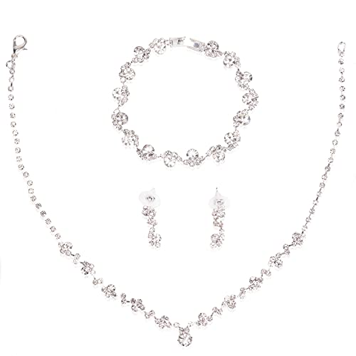 TOPTIME Strass Brautschmuck Set Glitzernde Kristall Halskette Ohrring Armband Set Abschlussball Braut Brautjungfer Silber Ohrstecker Choker Kristall Hochzeitsschmuck Set für Frauen und Mädchen Cover