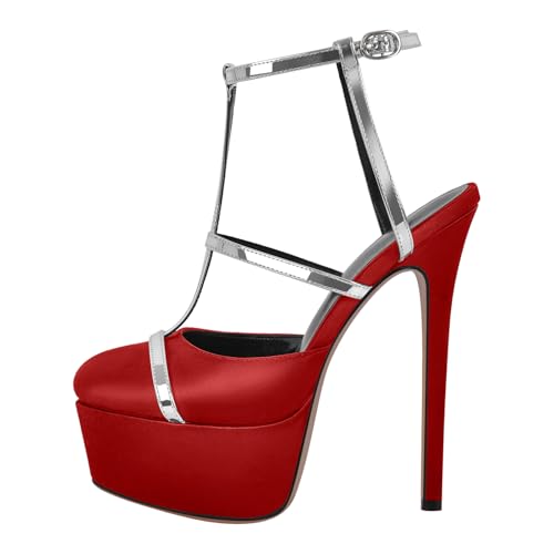 Women's Platform T Strap Closed Round Toe Stiletto High Heels Pumps