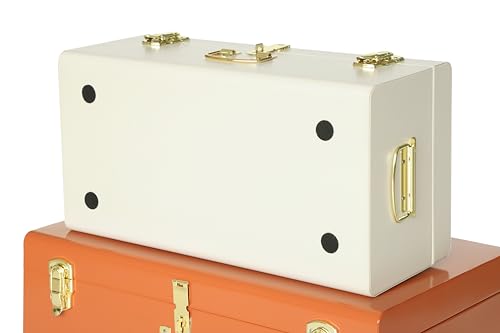Vixdonos Decorative Large Metal Box Storage Trunk Chest Set of 2 College Dorm Organizer with Hardware Hasps and Handle for Home Deocr,23.7X14.2X9.5 Inches(Beige and Orange)