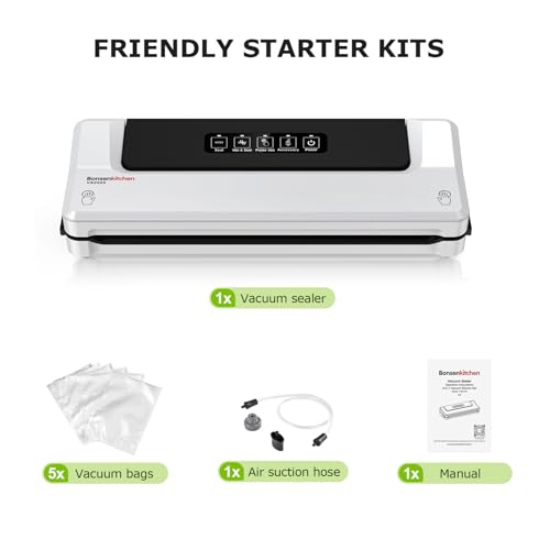 Bonsenkitchen Vacuum Sealer, Fast-Compact Vacuum Sealer Machine, Globefish Technology for High-Speed Continuous Working, Multi-Functional Food Vacuum Sealer with Vacuum Bags & Accessory Hose, White