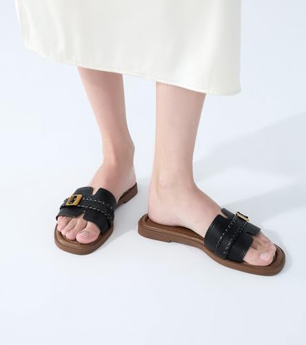 Image of UBFEN Womens Square Toe Flat Sandals Slides Dressy Comfortable for Beach