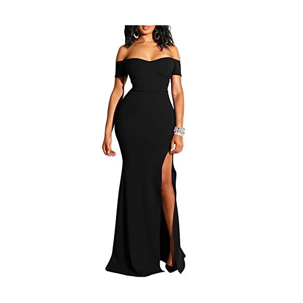 YMDUCH Womens Off Shoulder High Split Long Formal Party Dress Evening Gown Black