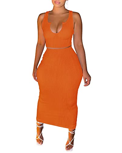 Image of Women Sexy Two Piece Skirt Outfits Long Sleeve /Sleeveless V Neck Bodycon Ribbed Knitted Maxi Club Party Dress