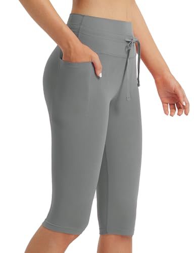 BALEAF Damskie legginsy Capri o długości do kolan, 35 cm, z kieszeniami, troczkami, szorty capri z wysokim stanem, ciemnoszary, XXL