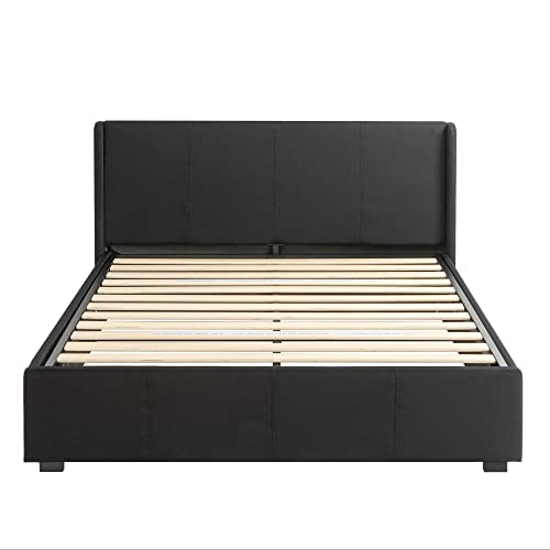 Zinus Maddon Polsterbett 140x200 cm mit Stauraum - 31 cm Hohes Bett mit Lattenrost aus Holz & Kopfteil - Hydraulischer Hebemechanismus & Stauraum - Schwarz
