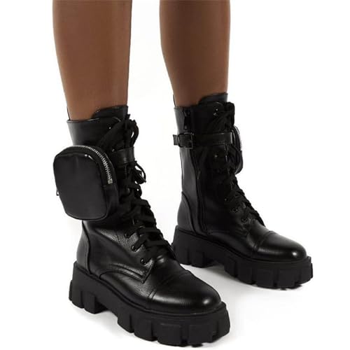 GUNIYIFS Women Combat Boots Black Platform Ankle Boots for Women Lug Sole Lace up Mid Heel Motorcycle Boots High Tops Booties2