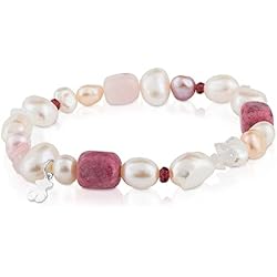 TOUS Pulsera de Perlas, Granate, Rodonita y Cuarzo para Mujer con Motivo de Oso en Plata de Primera Ley, 17,5 cm de Largo, Elegante y Clásica, Colección Pearl