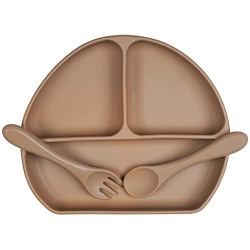 Cottonbebe Baby Plates With Suction, Non Slip Silicone Suction Plate For Baby 6-36 Months Boy & Girl, Dishwasher Safe Baby Led Weaning Supplies, Toddler Fork Spoon Utensils Set For Highchair, Brown #TOP9