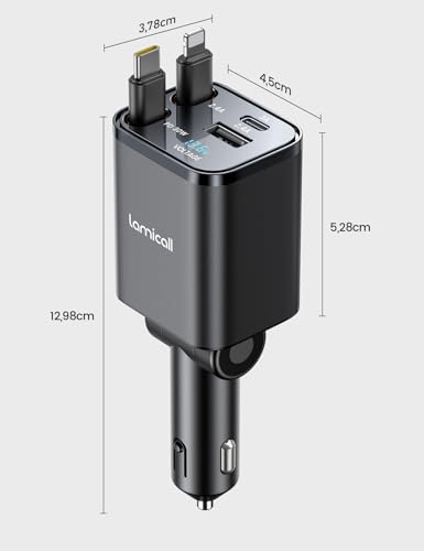 Lamicall 4 IN 1 Zigarettenanzünder USB C Auto Ladegerät - [50% Kleiner] [Spannung-Anzeige] 69W USB Adapter Auto Schnellladegerät mit einziehbarem Typ-C Kabel, 24/12V KFZ Ladegerät für iPhone/Samsung