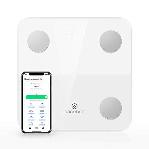 Noerden - MINIMI een Slimme Weegschaal - Analyseert Uw Lichaamssamenstelling - Meet 9 Lichaamsgegevens met Bio Impedantiemeter - Bluetooth App - 4 Precisie Sensoren - Transparant LED Scherm - Wit