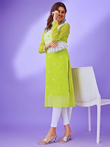 Image of HESVI Women's Georgette White Lakhnavi Chikankari Kurti with Intricate Embroidery Work