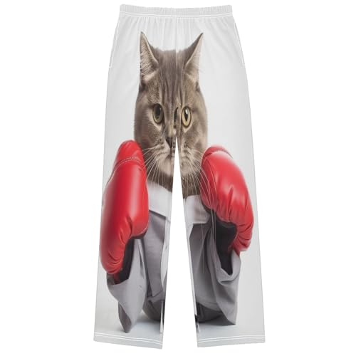 Boy's Pants Funny Animal Cat Boxer Jogger Pants Elastic Waist Long Bottoms Trousers with Pockets 6-14 Years