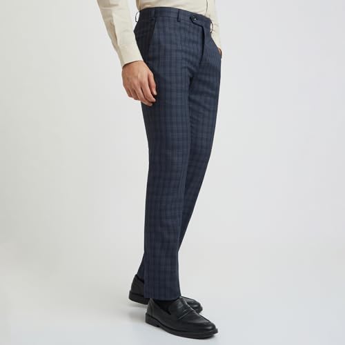 Image of Raymond Men's Slim Fit Mid Rise Checks Pattern Poly Viscose Blend Pleatless Formal Trouser