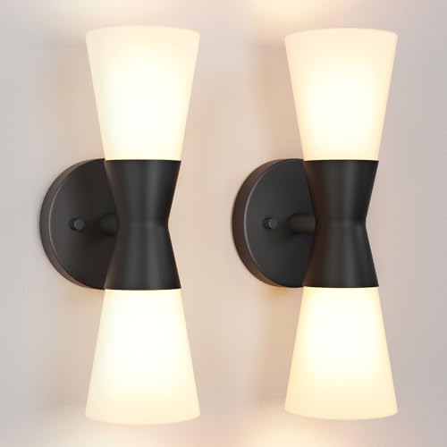 Image of Wall Sconces Set of 2 for Bathroom, Modern Indoor Vanity Light Fixtures 13 inch, Up Down Lighting, Wall Mount Lamp for Living Room Bedroom Hallway Stairway Fireplace Mirror E26 Base 2PC White&Black