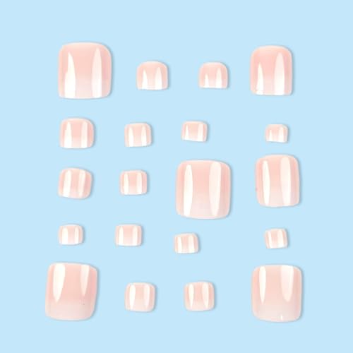 Image of Pink White Press on Toenails French Tip Fake Toenails Short Square False Toes with Ombre Design Glossy Full Cover Stick on Toe Nails Artificial Acrylic Glue on Toenails for Women Manicure 24Pcs