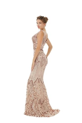 Image of Women's Wedding Bridesmaid Gown Sequined Mermaid V Neck Sleeveless Evening Dress