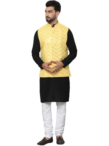 Image of SOJANYA (Since 1958 Men's Pure Cotton Kurta and White Pyjama with Sequins Nehru Jacket