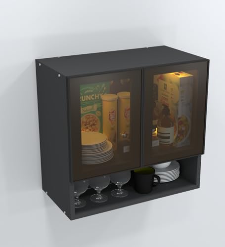 Image of SPECIALITY PANELS Aluminium Black Profile 2 Brown Tinted Glass Handless Shutter Wall Cabinet with Space Organizer Wall Mounted Kitchen Storage Cupboard Modern Kitchen Furniture Unit (Slate Grey)