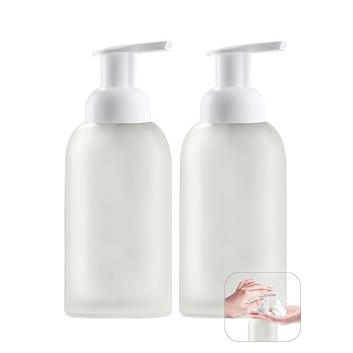Kuxssul 2 Piezas Dispensador Jabon Espuma de Vidrio Blanco, 350 ml Dispensador de Jabón de Espuma con Etiquetas Botella de Bomba Reutilizable, Dosificador de Bomba para Cocina y Baño